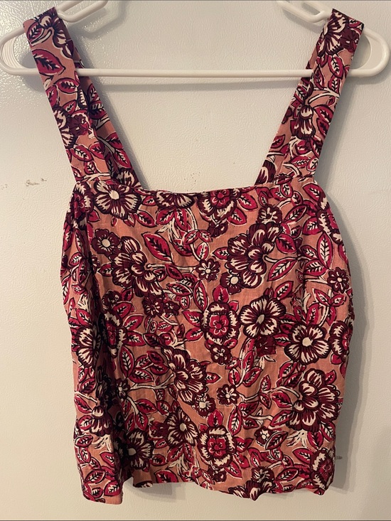 Faherty Tops - Faherty Small Women’s Floral Square Neck Blouse Linen Blend Pink Burgundy